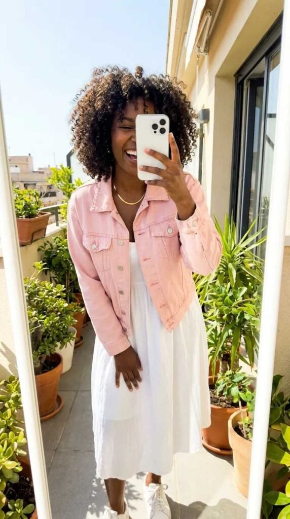 Smiling Black woman in pink denim jacket over white dress on a sunny balcony – All Pink Outfit Ideas for Black Women