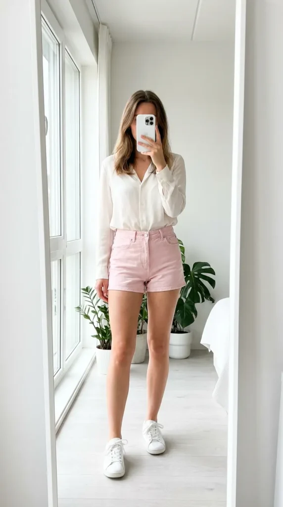Woman in pink denim shorts and white blouse with sneakers, casual All Pink Summer Outfit Ideas.