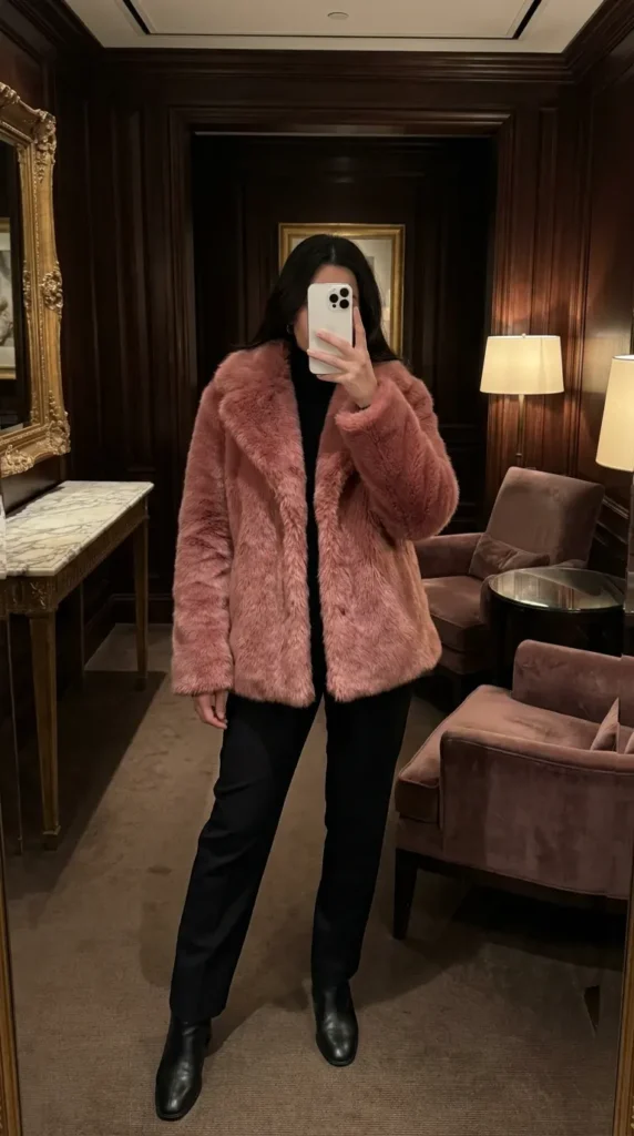 Woman in pink faux fur coat over black turtleneck and pants – luxe All Pink Outfit Ideas for Winter