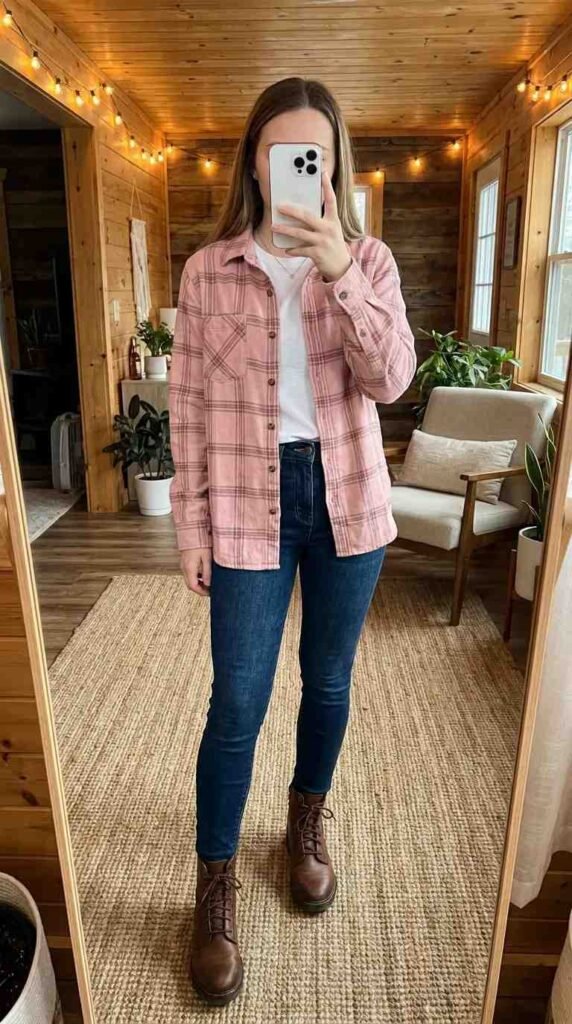 Woman in pink flannel shirt and skinny jeans showing All Pink Fall Outfit Ideas in a cozy wooden cabin.