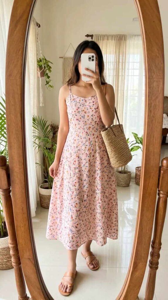 Woman in light pink floral midi dress with straw bag, lovely Light Pink Outfit Ideas for Summer style.
