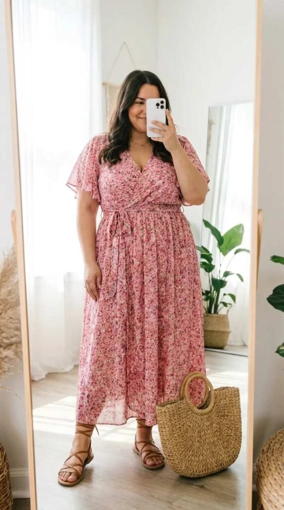 Plus size woman in pink floral maxi dress with straw bag, pretty All Pink Outfit Ideas for Plus Size women.