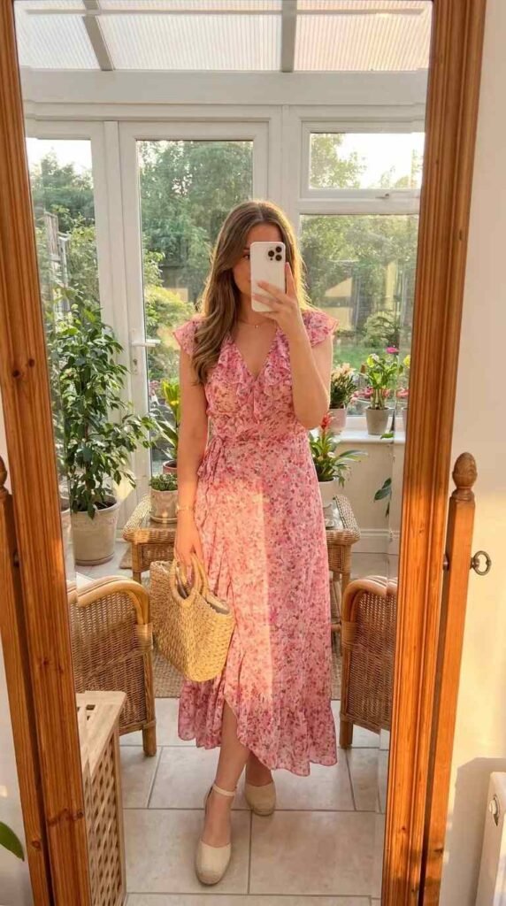 Woman in a pink floral wrap dress holding a woven bag in a sunny room, All Pink Summer Outfit Ideas.