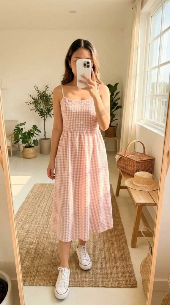 Woman in pink gingham midi dress and white sneakers, perfect Light Pink Outfit Ideas for Summer look.