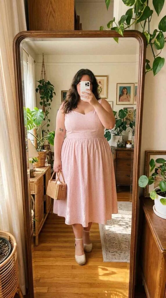 Plus size woman in pink gingham sundress with basket bag, sweet All Pink Outfit Ideas for Plus Size women.