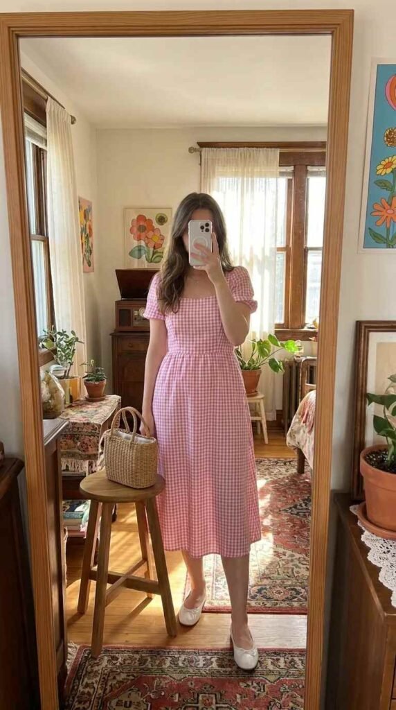 Woman wearing a pink gingham midi dress with a basket bag indoors, All Pink Summer Outfit Ideas look.