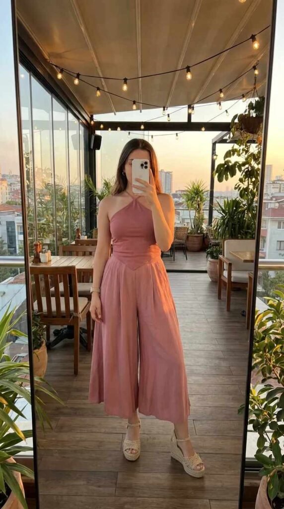 Woman in pink halter top and flowy culottes on a rooftop terrace, All Pink Summer Outfit Ideas.