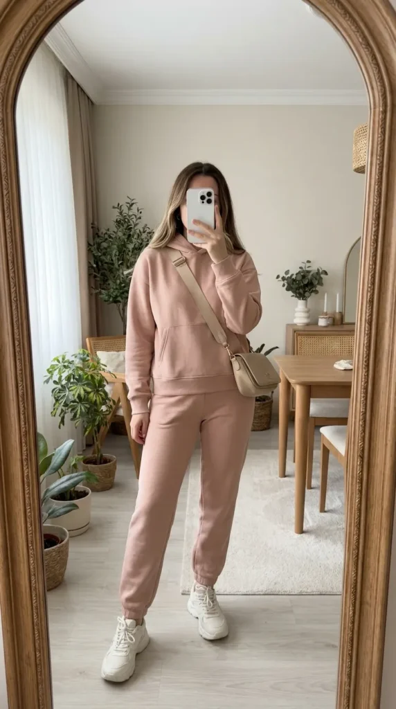 Woman in matching blush hoodie and joggers set with sneakers – Light Pink Outfit Ideas for Women