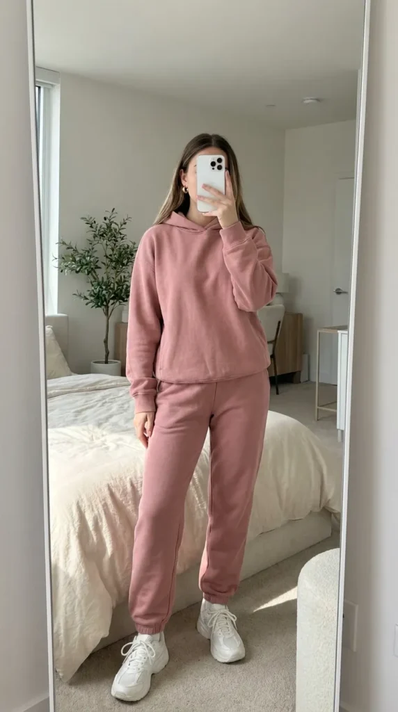 Woman in matching pink hoodie and joggers showing All Pink Fall Outfit Ideas in a modern bedroom.