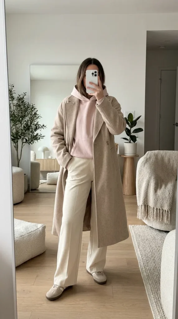 Light Pink Outfit Ideas for Winter with a pink hoodie under a beige coat and cream wide-leg pants.