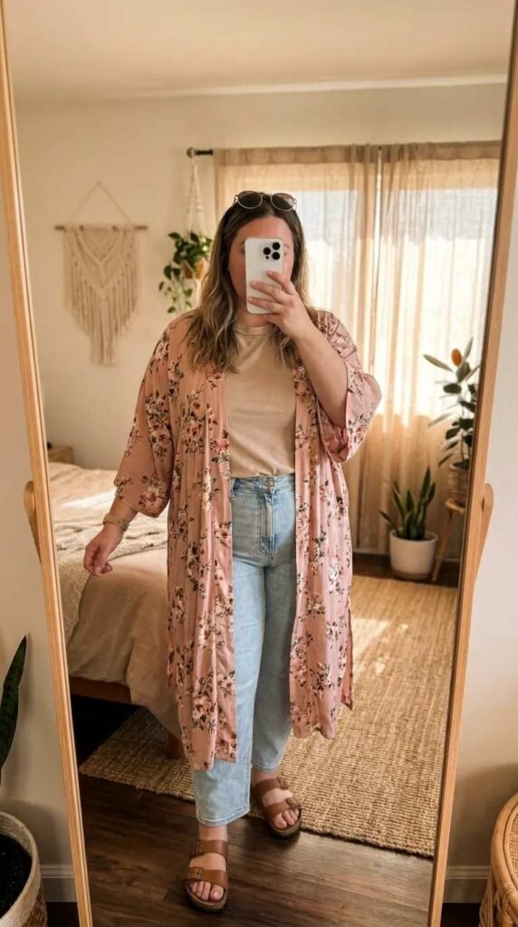 Plus-size woman in floral pink kimono over neutral tee and jeans – Light Pink Outfit Ideas for Plus Size Women