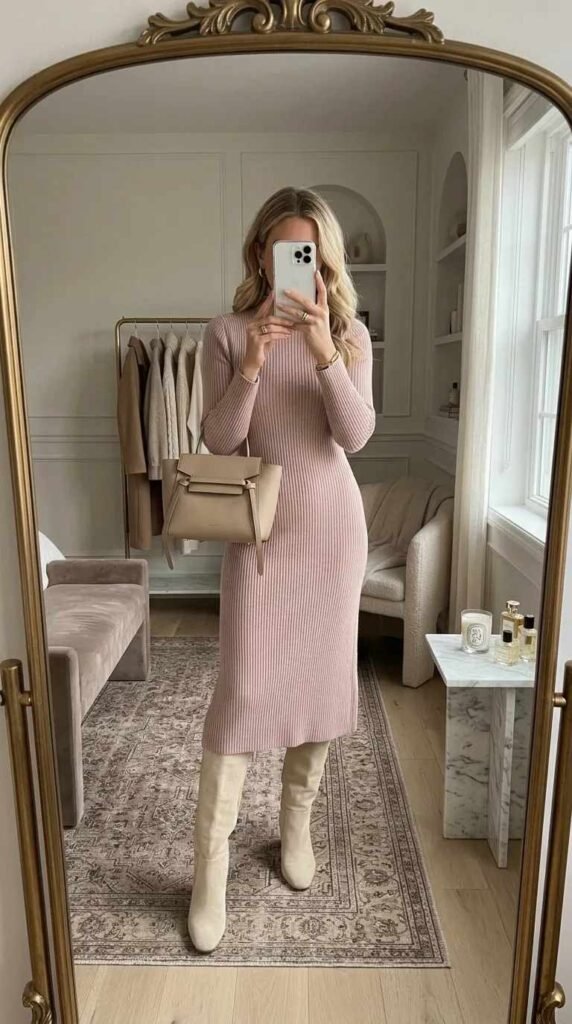 Light Pink Outfit Ideas for Winter with a fitted pink knit dress, beige handbag and tall cream boots.