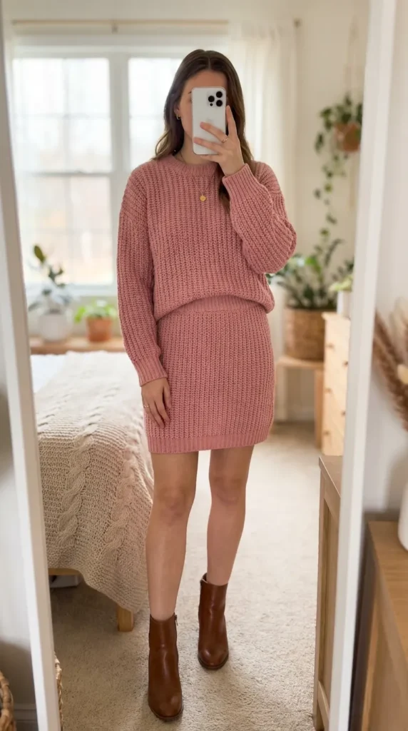 Woman in matching pink knit sweater and skirt set showcasing All Pink Fall Outfit Ideas at home.