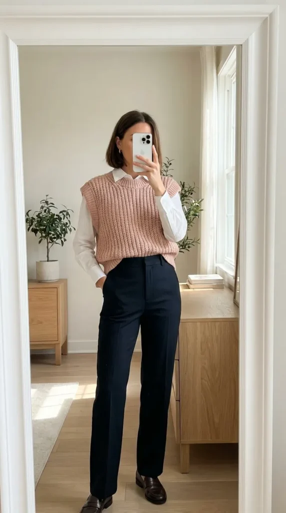 Woman in pink knit vest over white shirt with navy trousers – Light Pink Outfit Ideas for Women
