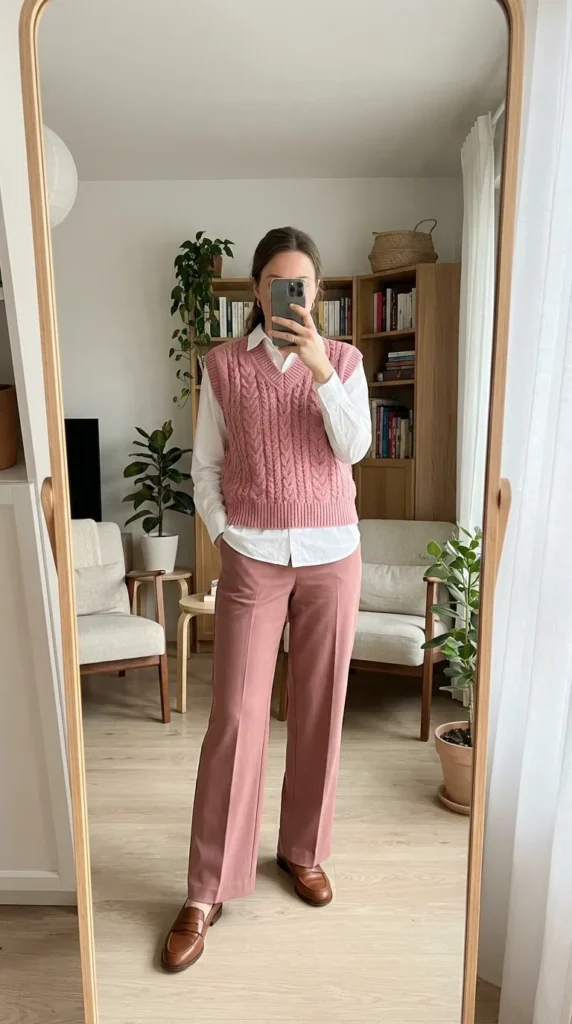 Woman in pink cable-knit vest over white shirt and wide trousers – All Pink Outfit Ideas