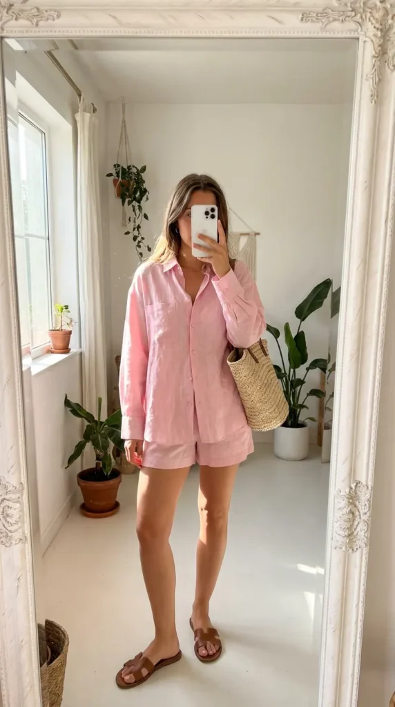 Woman in pink linen shirt and shorts set with woven bag – Light Pink Outfit Ideas for Women