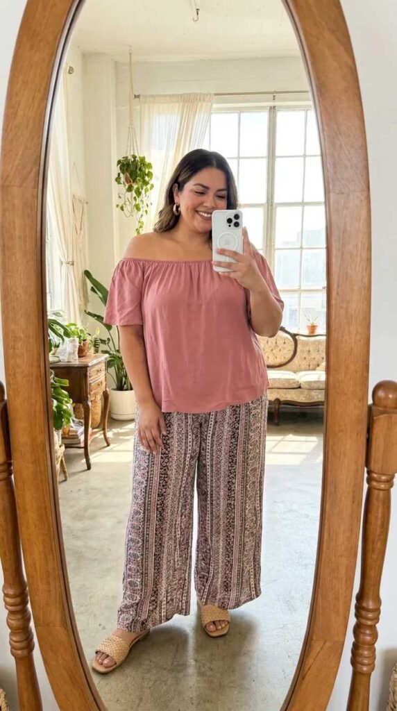 Smiling plus size woman in pink off-shoulder top and patterned pants, All Pink Outfit Ideas for Plus Size women.