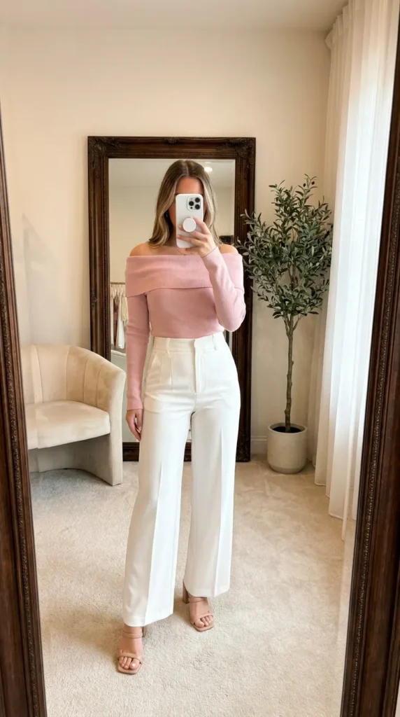 Woman in a pink off-shoulder top with white wide-leg trousers, polished All Pink Summer Outfit Ideas.