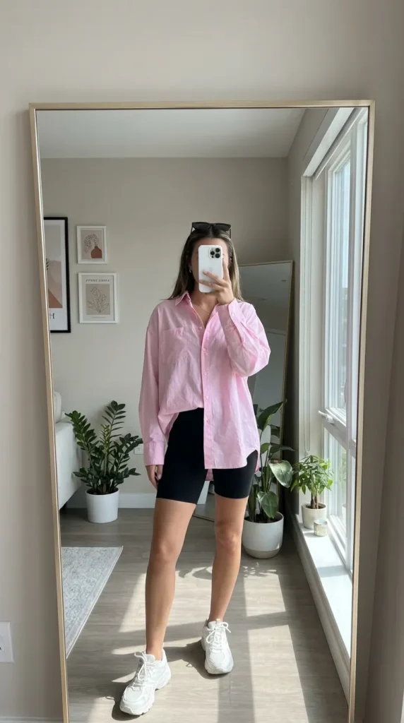 Woman in oversized pink shirt with black bike shorts – Light Pink Outfit Ideas for Women