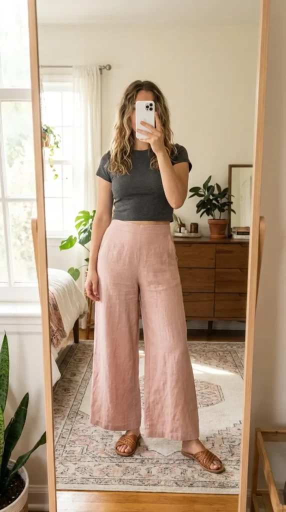 Woman in dusty pink wide-leg pants and grey crop top, relaxed All Pink Summer Outfit Ideas look.