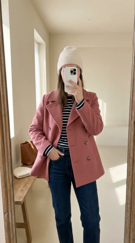 Woman in pink peacoat, striped top, beanie and dark denim – cozy All Pink Outfit Ideas for Winter