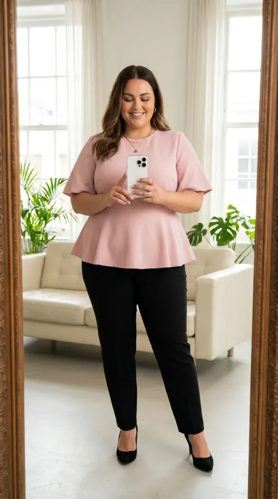 Plus size woman in pink peplum top and black trousers, polished All Pink Outfit Ideas for Plus Size women.