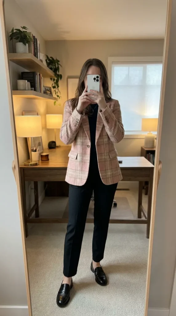 Woman in pink plaid blazer and black trousers displaying All Pink Fall Outfit Ideas in a home office.