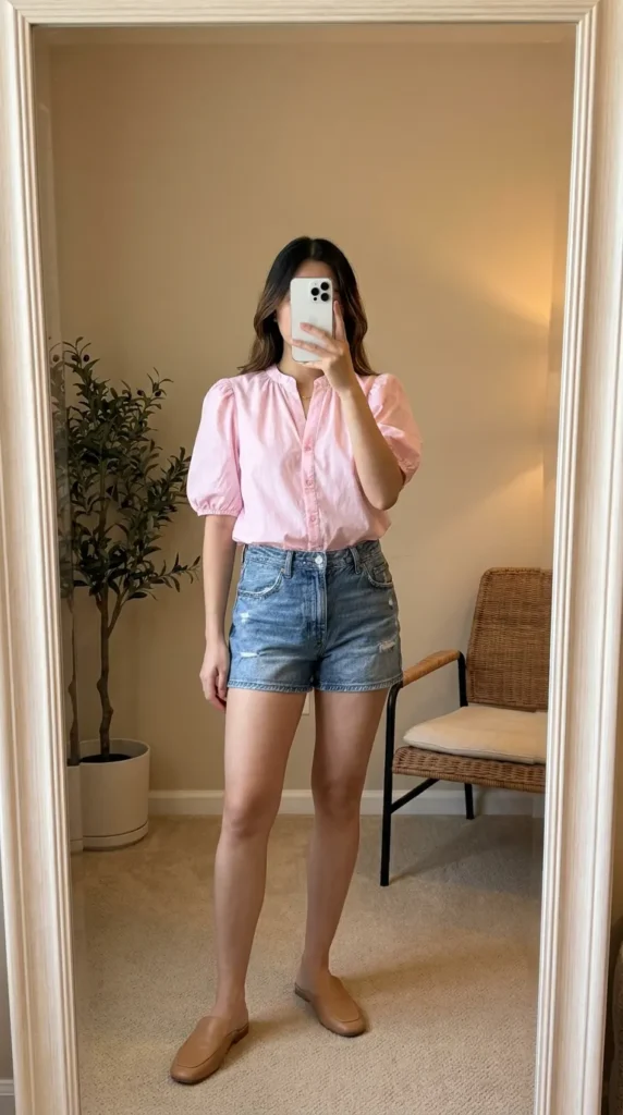 Woman in pink puff-sleeve blouse and denim shorts, playful Light Pink Outfit Ideas for Summer.