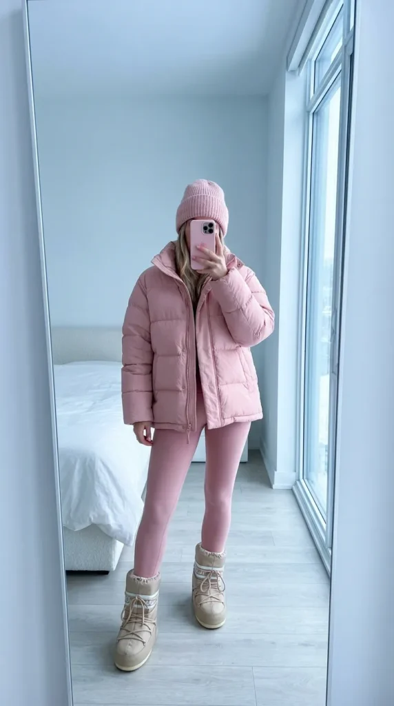 Woman in pink puffer jacket, beanie and leggings – All Pink Outfit Ideas