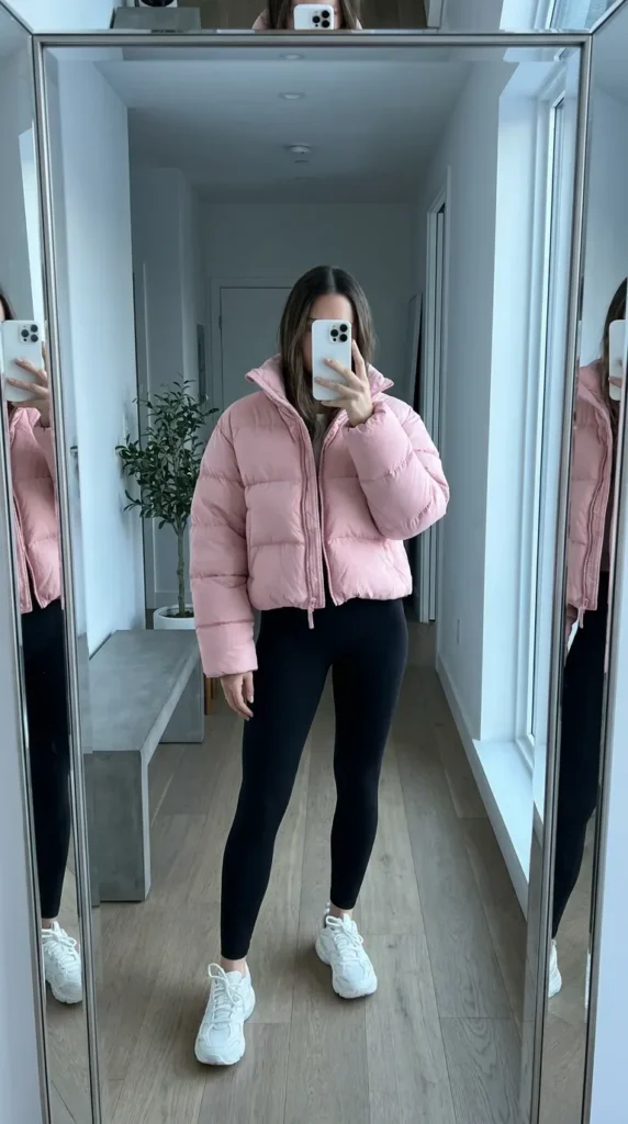 Woman in pink puffer jacket and black leggings highlighting All Pink Fall Outfit Ideas in a hallway.