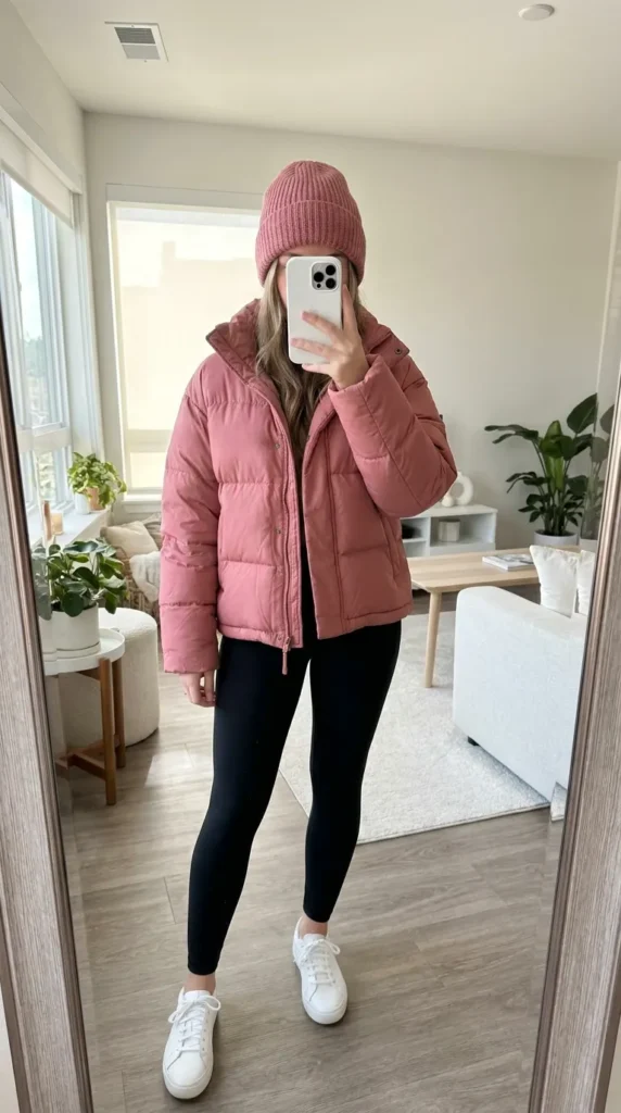 Woman in pink puffer jacket, matching beanie and black leggings – All Pink Outfit Ideas for Winter