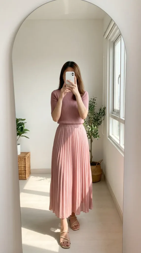Woman in a pink ribbed top and matching pleated midi skirt, chic All Pink Summer Outfit Ideas.