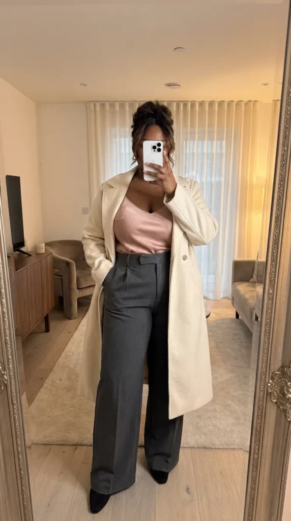 Woman in pink satin cami, grey trousers and cream coat – Light Pink Outfit Ideas for Plus Size Women