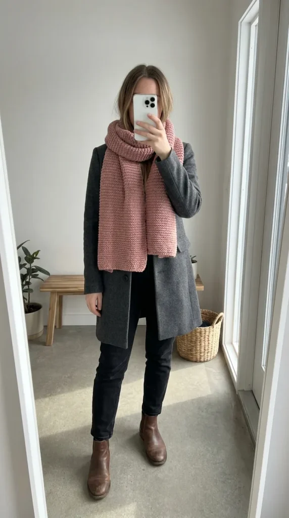 Woman in gray coat with chunky pink scarf highlighting All Pink Fall Outfit Ideas by a window.