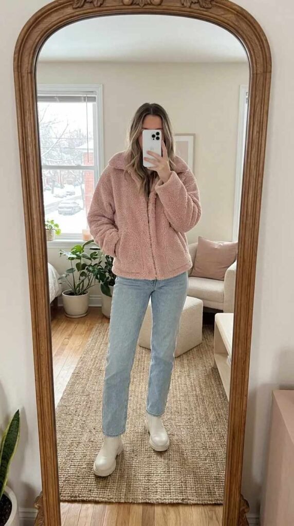 Light Pink Outfit Ideas for Winter in a soft pink sherpa jacket, light jeans and white boots.
