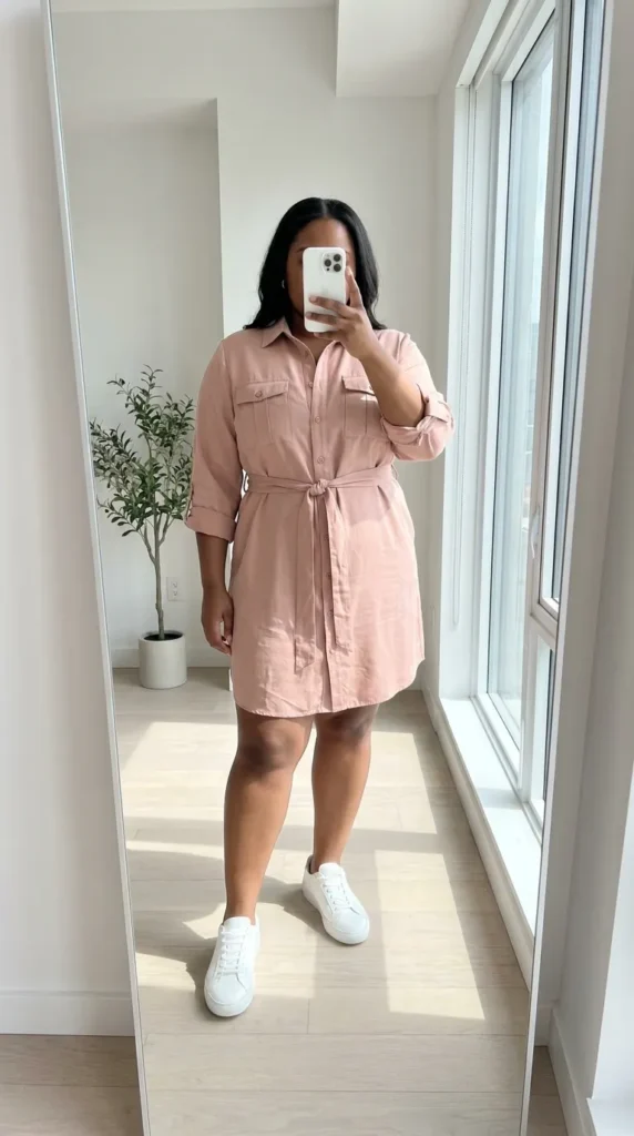 Plus-size woman in light pink belted shirt dress and white sneakers – Light Pink Outfit Ideas for Plus Size Women