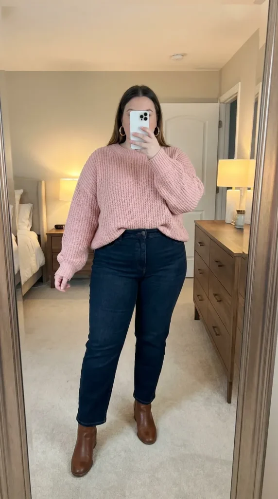 Curvy woman in chunky pink sweater and dark jeans – Light Pink Outfit Ideas for Plus Size Women
