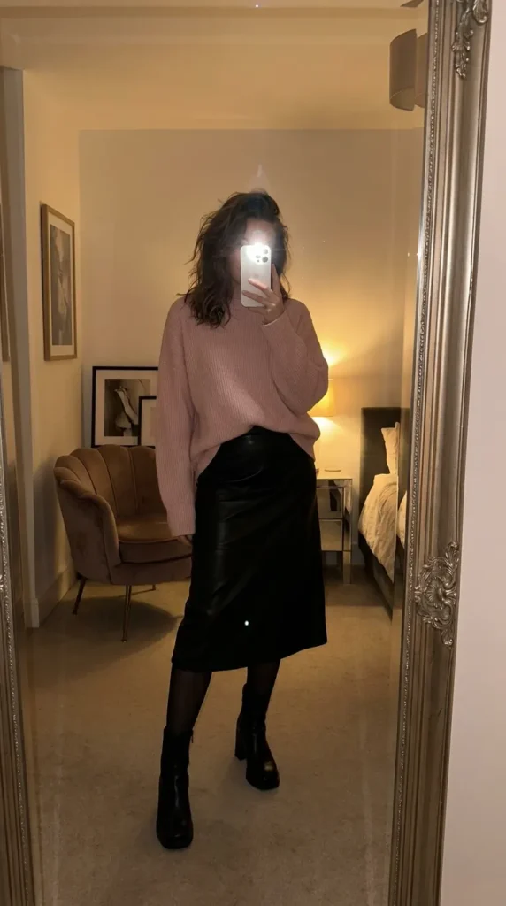 Woman in pink sweater with black leather midi skirt and boots – chic All Pink Outfit Ideas for Winter