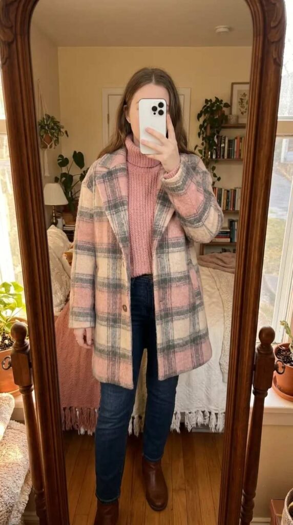 Woman in pink turtleneck under pink-and-cream plaid coat – cozy All Pink Outfit Ideas for Winter