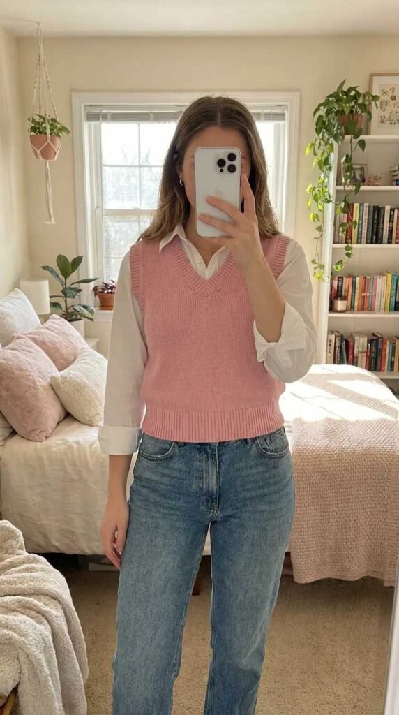 Woman in pink sweater vest over white button-down and jeans – All Pink Outfit Ideas for Winter