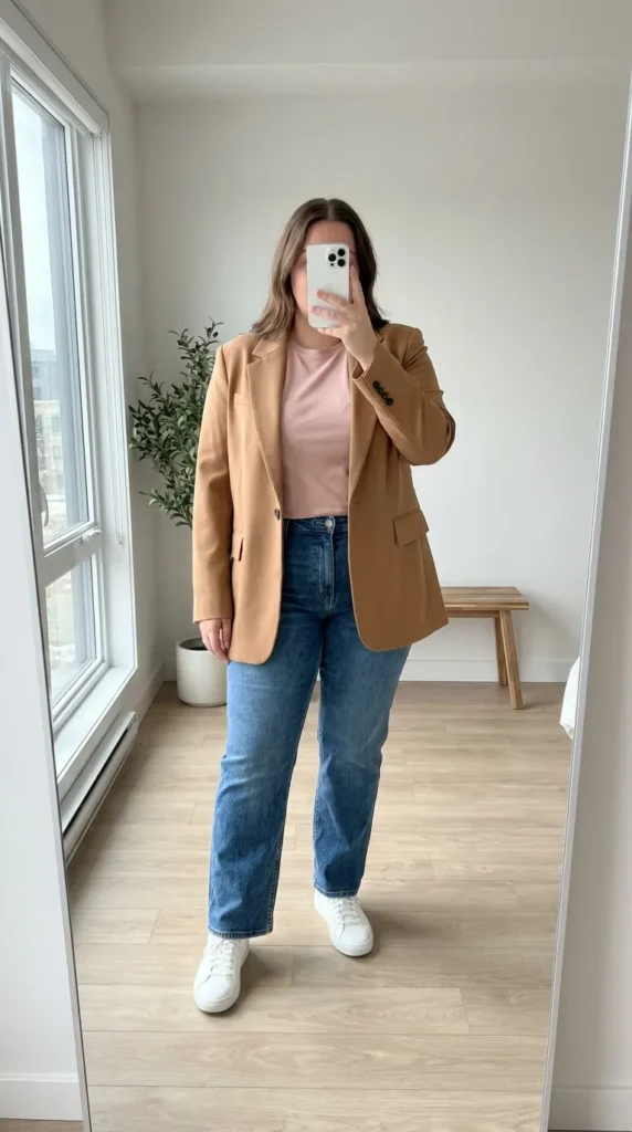 Plus-size woman in pink tee, camel blazer and blue jeans – Light Pink Outfit Ideas for Plus Size Women
