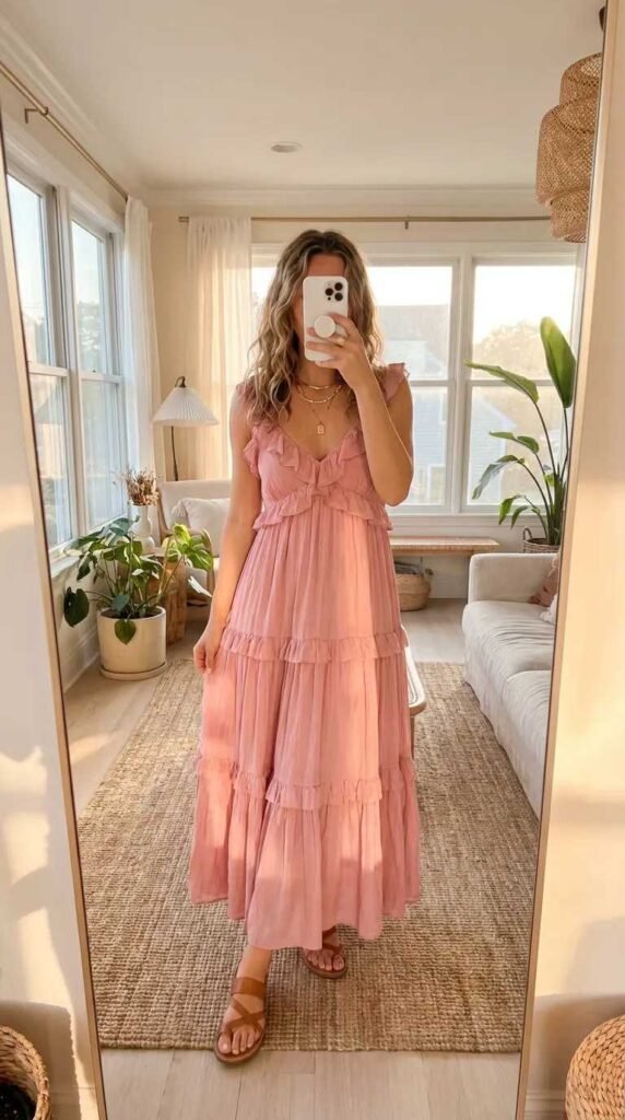 Woman in a soft pink ruffled tiered maxi dress taking a mirror selfie, All Pink Summer Outfit Ideas.