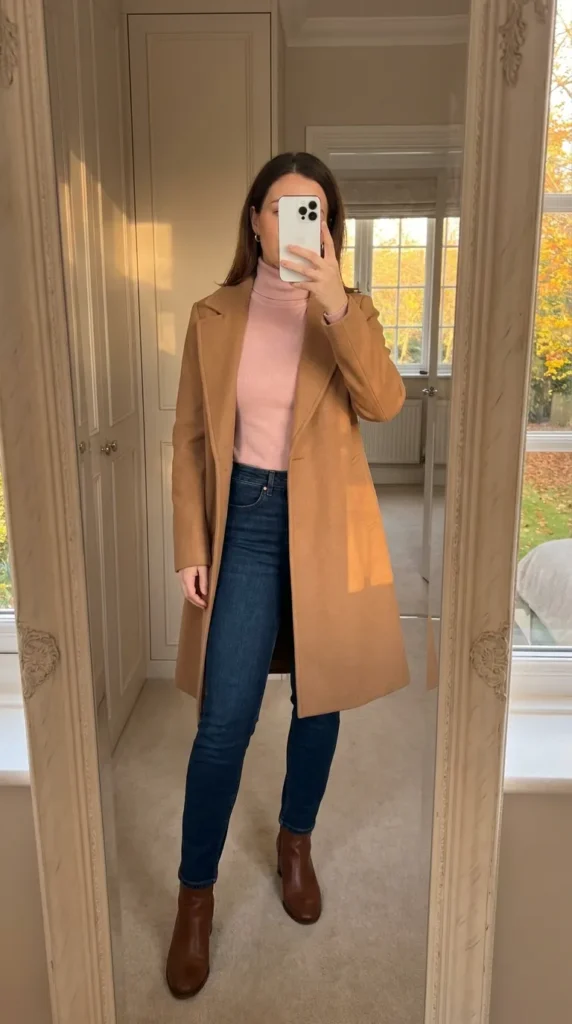 Woman in pink turtleneck, camel coat and jeans by the window – Light Pink Outfit Ideas for Women