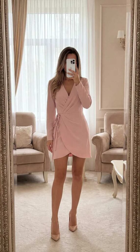 Woman in blush pink wrap mini dress with nude heels – Light Pink Outfit Ideas for Women