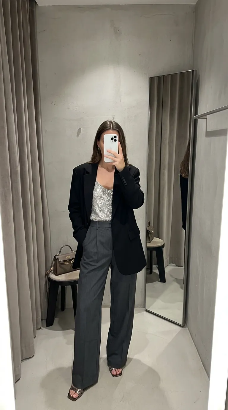 Modern New Year Eve Outfit Ideas for Women with black blazer, sparkly cami and gray wide trousers.