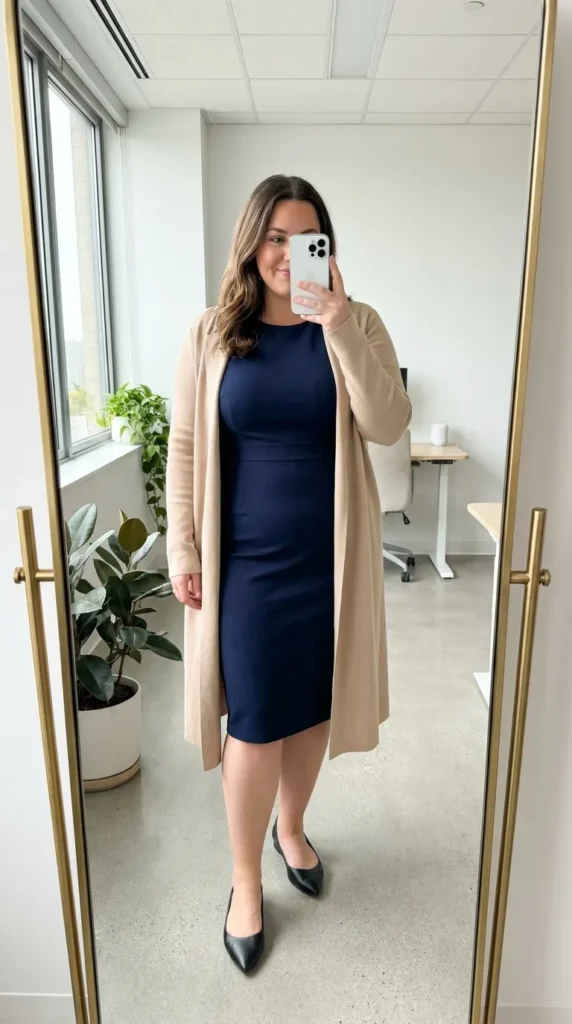 Plus-size woman in navy sheath dress and cardigan as business casual outfit ideas for plus size women.