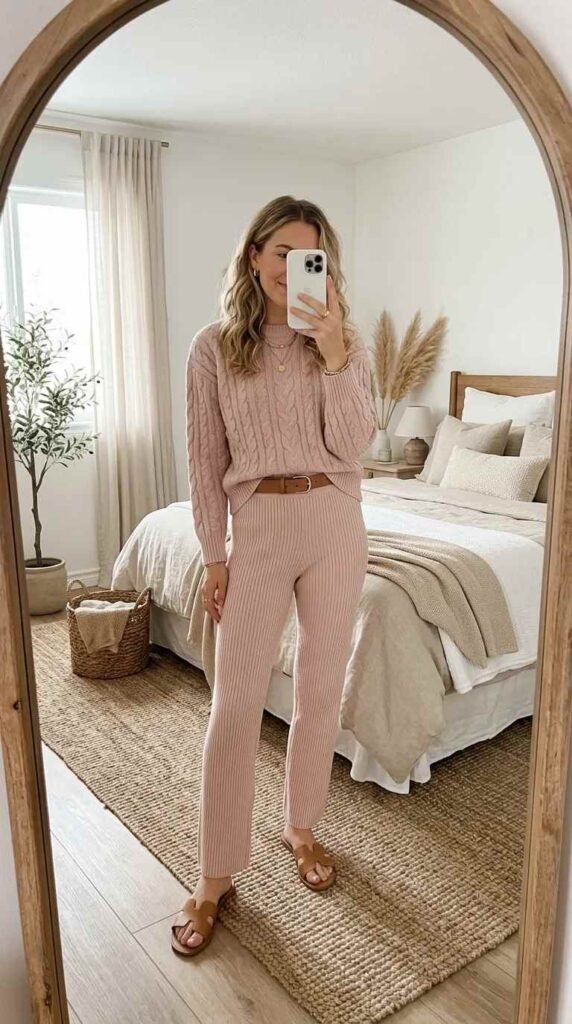 Woman in pink cable-knit sweater and matching pants posing in mirror. Monochrome Outfit Ideas That Make Getting Dressed Ridiculously Easy