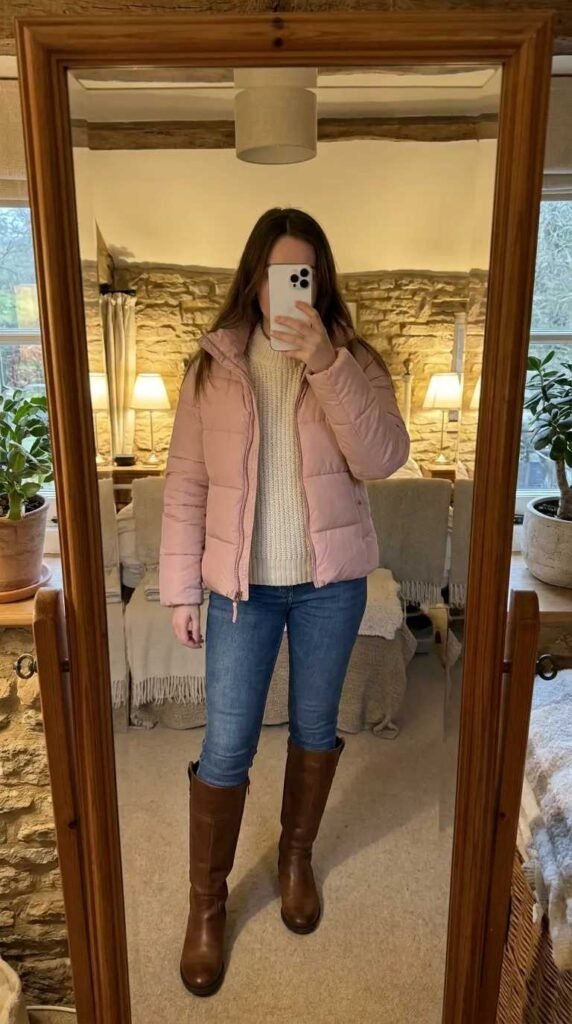 Woman in powder pink quilted jacket, cream sweater and jeans – All Pink Outfit Ideas for Winter