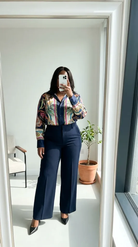 Plus-size woman in printed blouse and navy trousers for business casual outfit ideas for plus size women.
