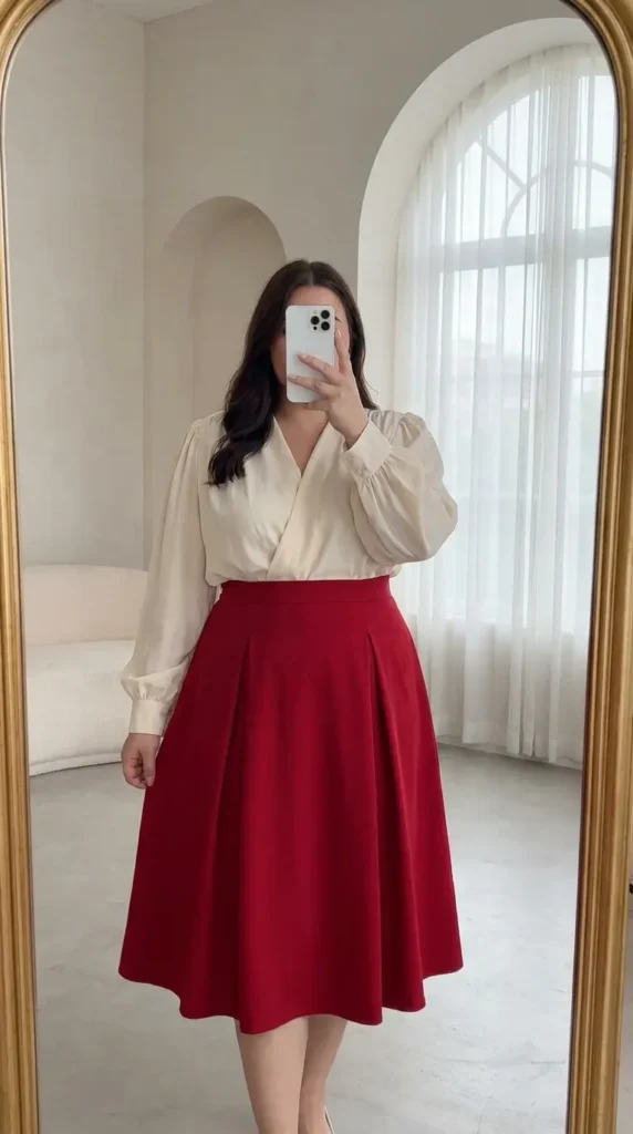 Plus size woman in puff-sleeve blouse and long red midi skirt, feminine Long Red Skirt Outfit Ideas for Plus Size women